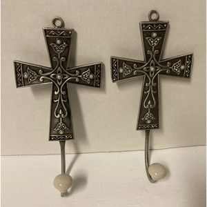 Set Of 2 Metal Cross Decorated Coat Towel Hooks 7 1/2” X 3 1/2”